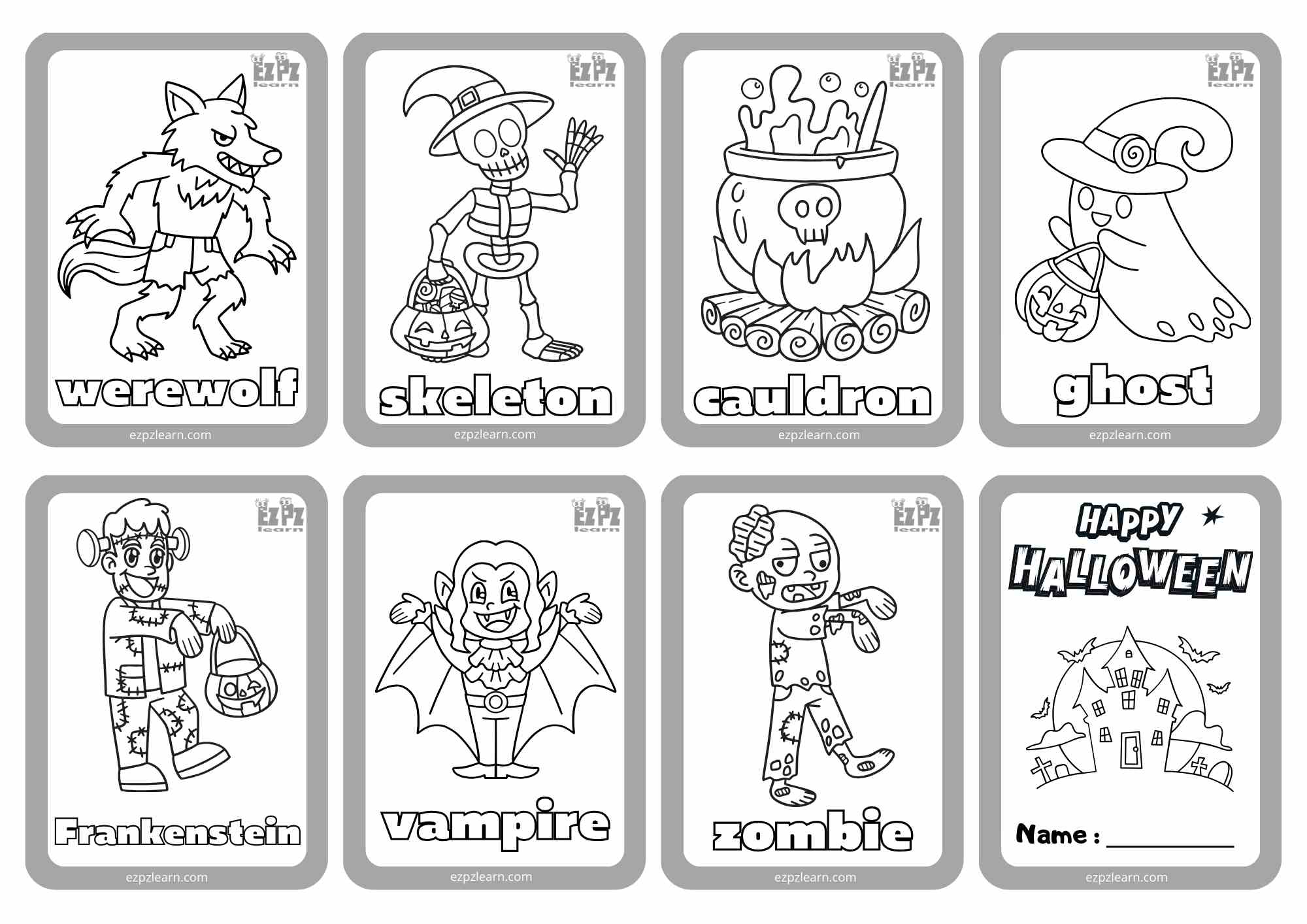 Halloween Mini Cards for Coloring Set 3 Free PDF Printable Download for ESL and K5 Students
